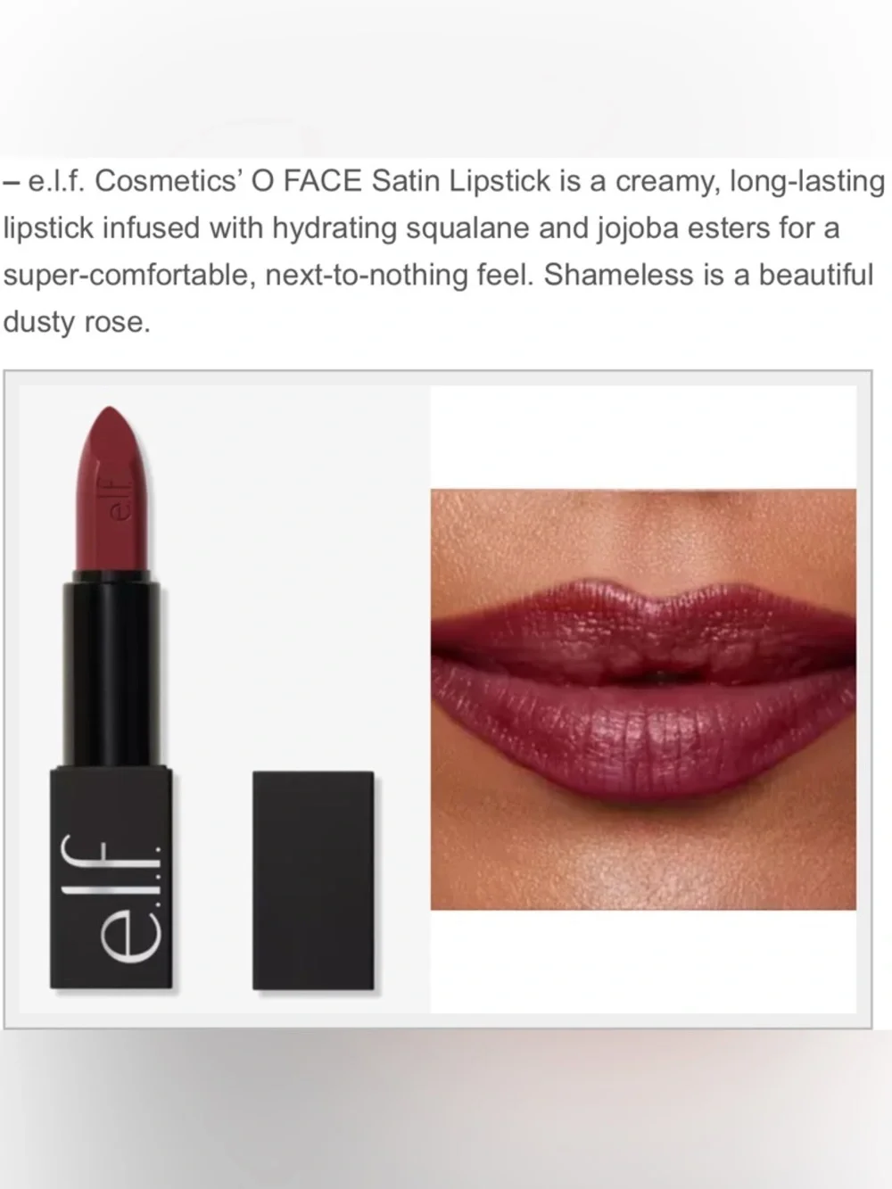 e.l.f. O Face Satin Lipstick 0.13 oz Luxury Long Lasting Lip Color “Shameless